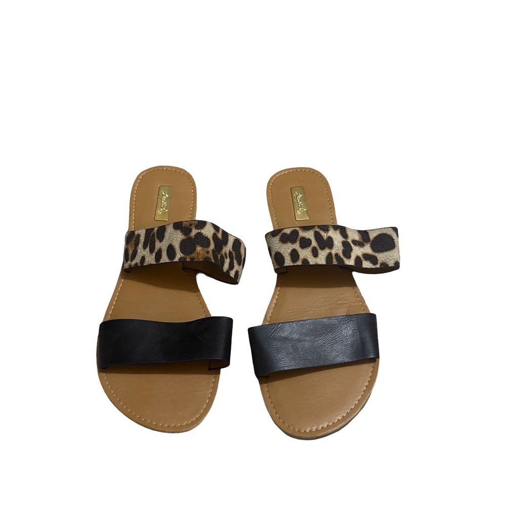 Leopard Print and Black Double Strap Women’s Slide Sandals Qupid Size 8